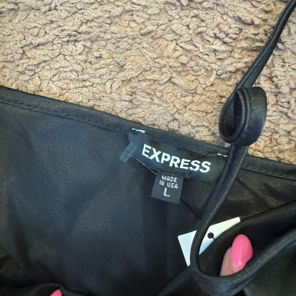 Express Black Satin Feather Hem Cami Camisole Blouse Top M L NEW - Picture 8 of 11